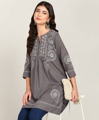 Vahson women chikankari hand embroidered pure cotton a-line kurti grey 5
