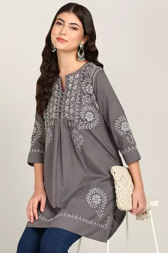 Vahson women chikankari hand embroidered pure cotton a-line kurti grey