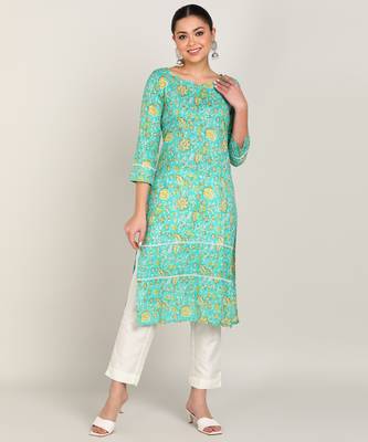  floral printed cotton blend a-line kurta with lace detailing green 1