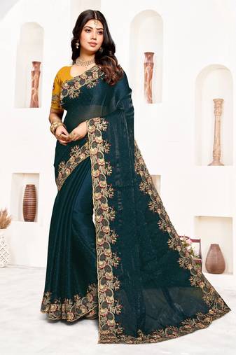Teal blue resham zari embroidery satin silk saree