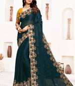 Teal blue resham zari embroidery satin silk saree