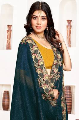Teal blue resham zari embroidery satin silk saree 2