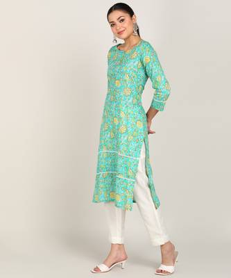  floral printed cotton blend a-line kurta with lace detailing green 2
