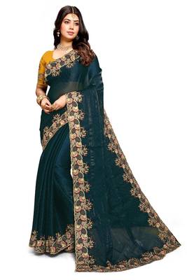 Teal blue resham zari embroidery satin silk saree 4