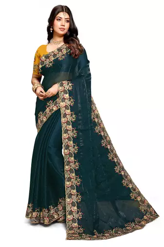 Teal blue resham zari embroidery satin silk saree