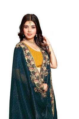 Teal blue resham zari embroidery satin silk saree 5