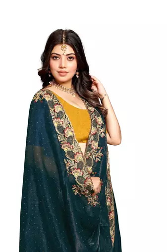 Teal blue resham zari embroidery satin silk saree