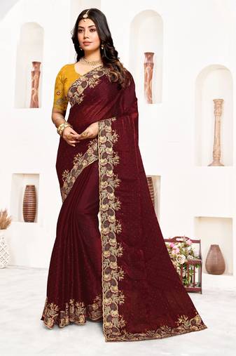 Maroon resham zari embroidery satin silk saree