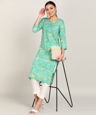  floral printed cotton blend a-line kurta with lace detailing green 3