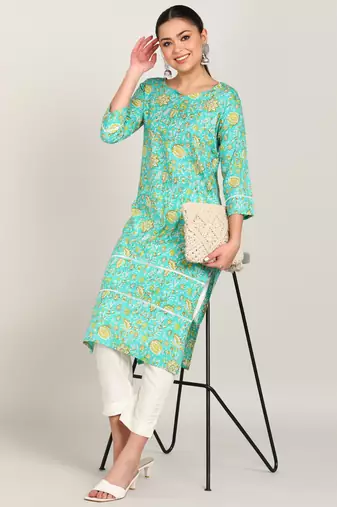  floral printed cotton blend a-line kurta with lace detailing green