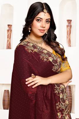 Maroon resham zari embroidery satin silk saree 2