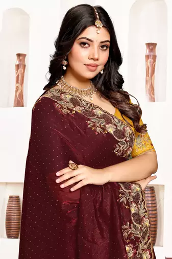 Maroon resham zari embroidery satin silk saree