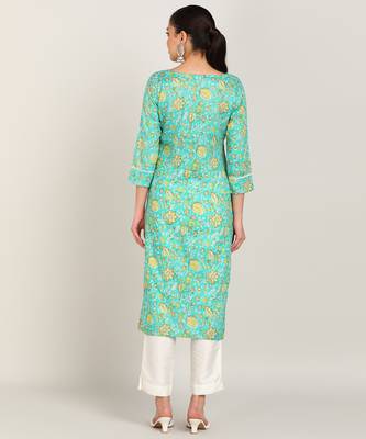  floral printed cotton blend a-line kurta with lace detailing green 4