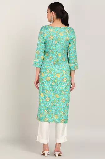  floral printed cotton blend a-line kurta with lace detailing green