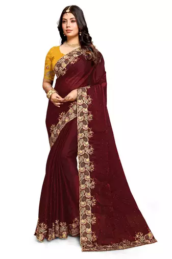 Maroon resham zari embroidery satin silk saree
