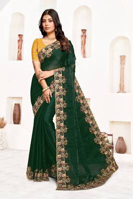 Bottle green resham zari embroidery satin silk saree 1