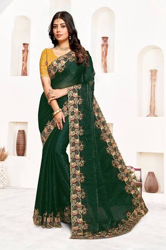 Bottle green resham zari embroidery satin silk saree