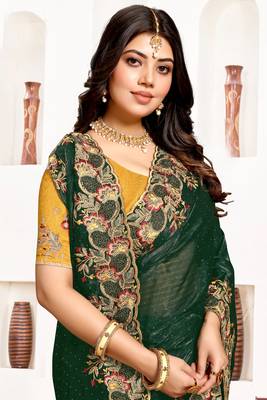 Bottle green resham zari embroidery satin silk saree 2