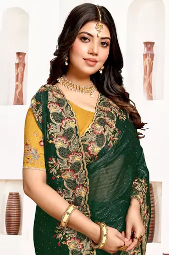 Bottle green resham zari embroidery satin silk saree