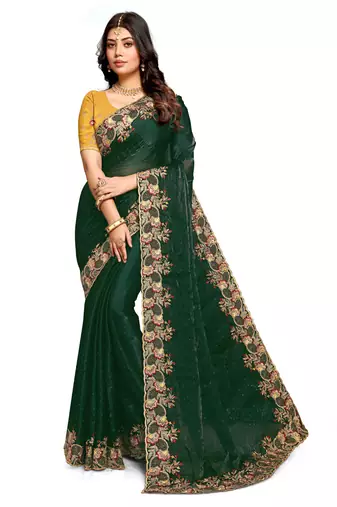 Bottle green resham zari embroidery satin silk saree