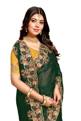 Bottle green resham zari embroidery satin silk saree 5