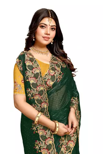Bottle green resham zari embroidery satin silk saree