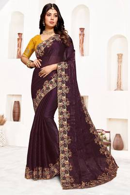 Wine resham zari embroidery satin silk saree 1