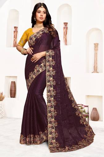 Wine resham zari embroidery satin silk saree