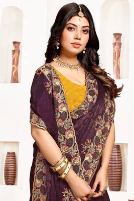 Wine resham zari embroidery satin silk saree 2