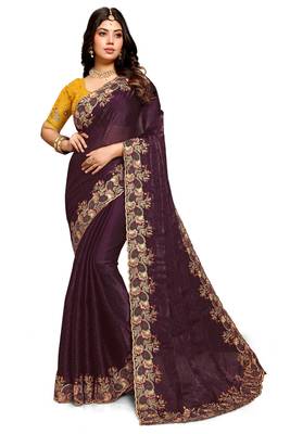 Wine resham zari embroidery satin silk saree 4