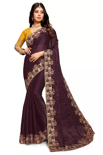 Wine resham zari embroidery satin silk saree