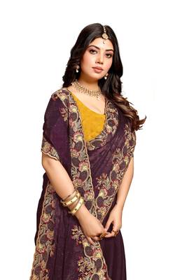 Wine resham zari embroidery satin silk saree 5