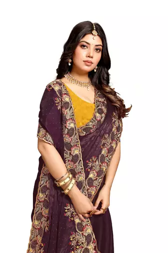 Wine resham zari embroidery satin silk saree