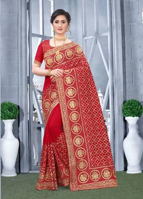 Desginer red zari stone embroidery silk saree 1