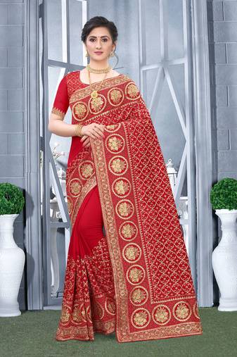 Desginer red zari stone embroidery silk saree