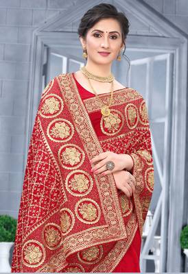 Desginer red zari stone embroidery silk saree 2