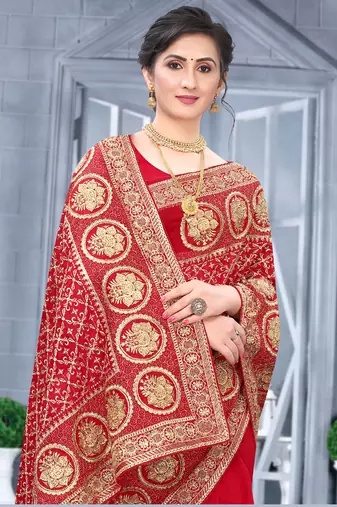 Desginer red zari stone embroidery silk saree