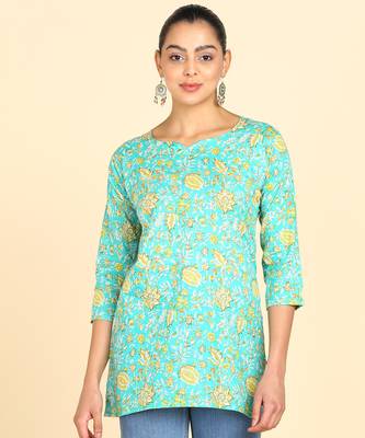  floral print cotton blend straight kurti green 1