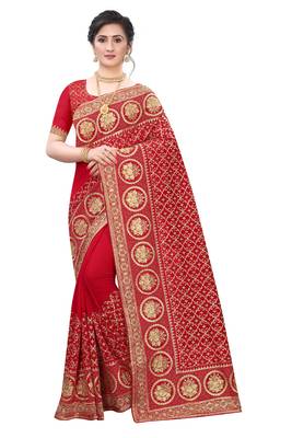Desginer red zari stone embroidery silk saree 4