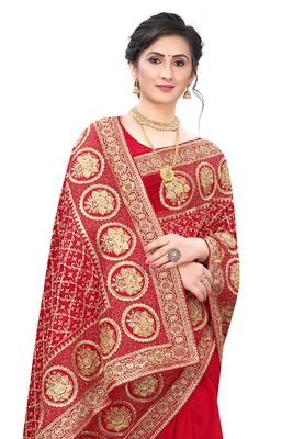 Desginer red zari stone embroidery silk saree 5