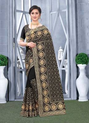 Desginer black zari stone embroidery silk saree 1