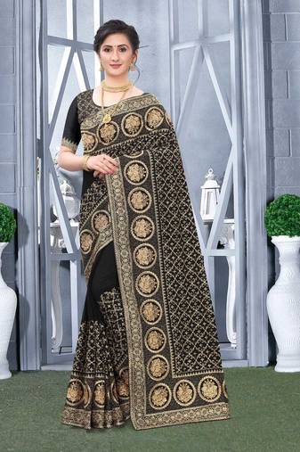 Desginer black zari stone embroidery silk saree
