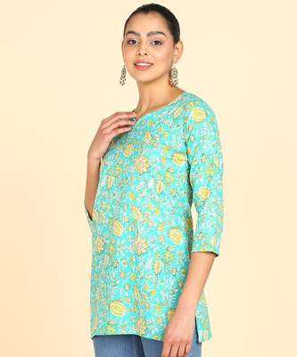  floral print cotton blend straight kurti green 2