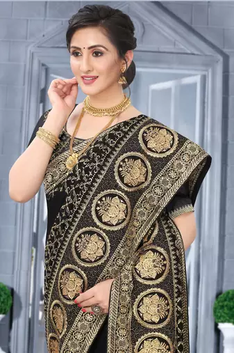 Desginer black zari stone embroidery silk saree