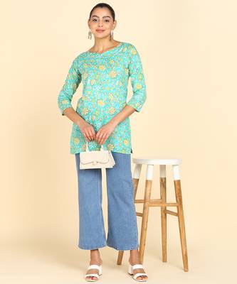  floral print cotton blend straight kurti green 3