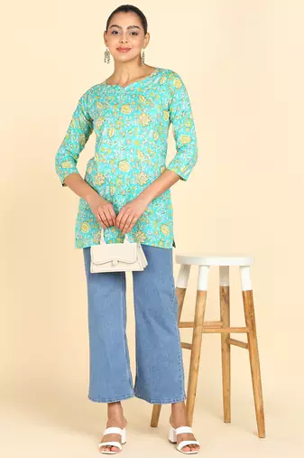  floral print cotton blend straight kurti green