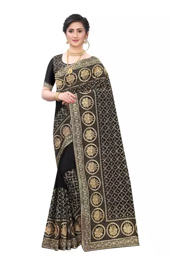 Desginer black zari stone embroidery silk saree