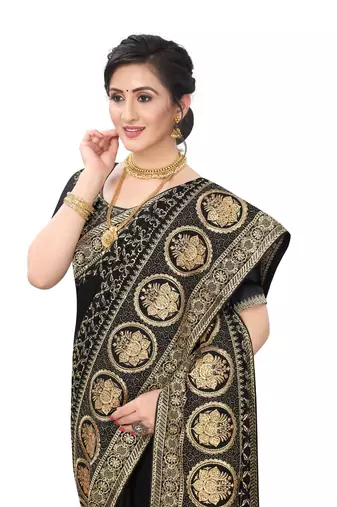 Desginer black zari stone embroidery silk saree