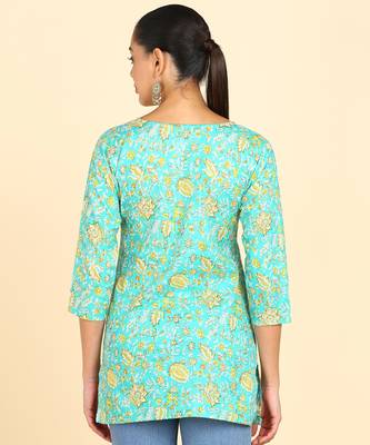  floral print cotton blend straight kurti green 4