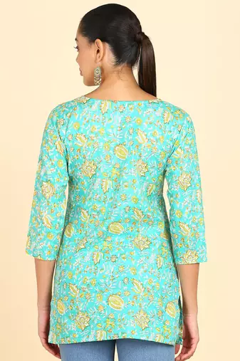 floral print cotton blend straight kurti green